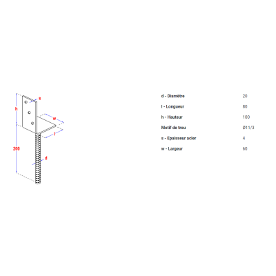Pied à ancrage béton L 60x100x80